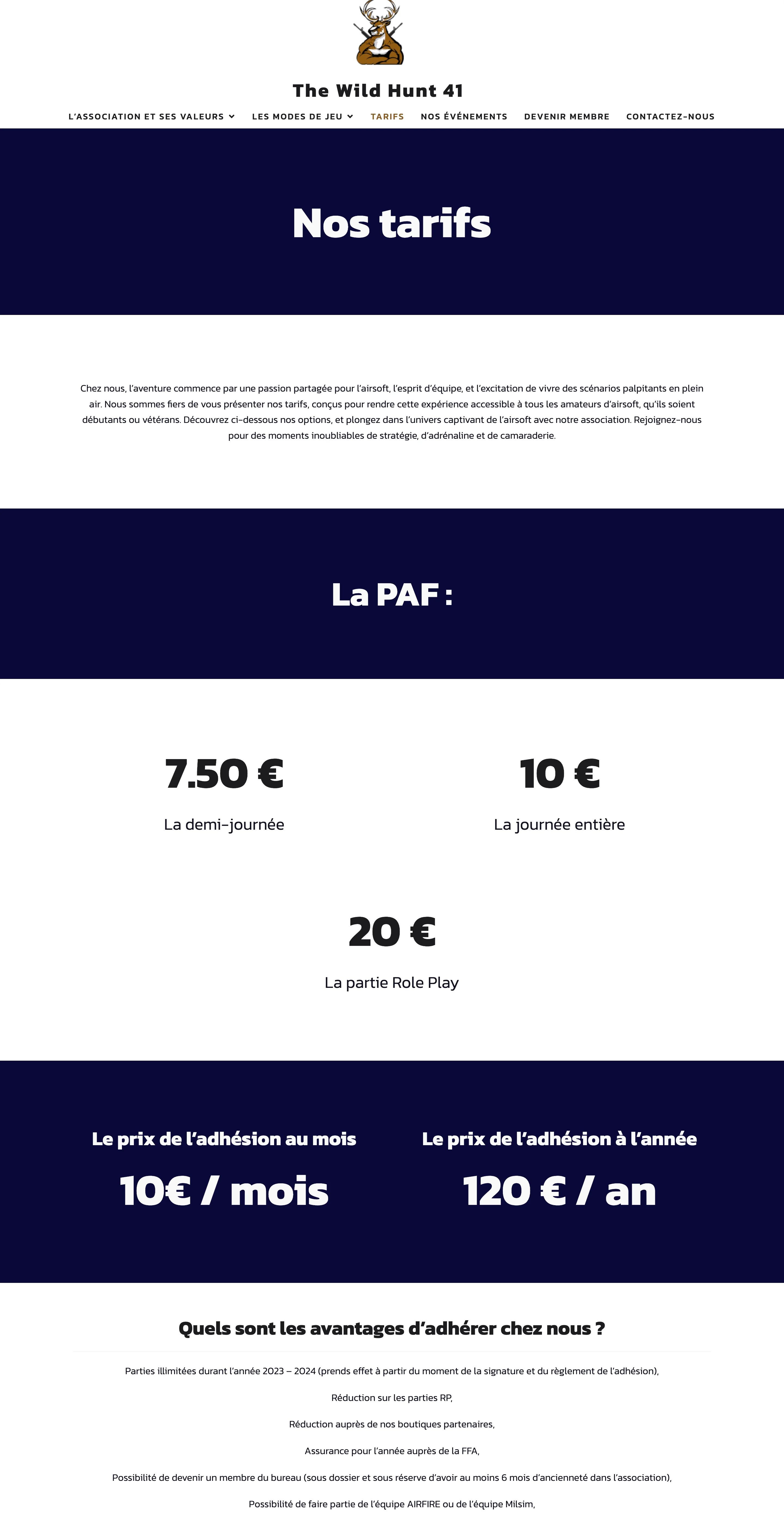 La page : nos tarifs